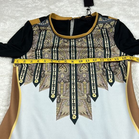 Bocetto long sleeved wiggle sheath dress in mustard, white and black, small - Picture 5 of 12